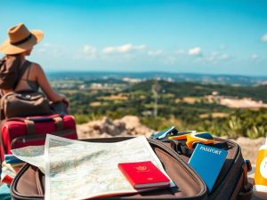 Călător pregătindu-se pentru vacanță cu un rucsac.