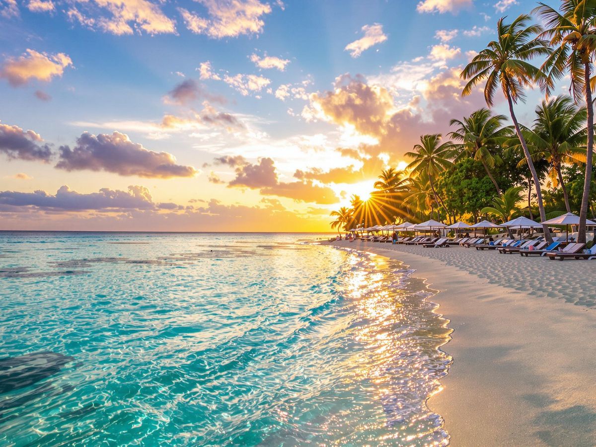 Plajă vibrantă cu apă cristalină și palmieri.