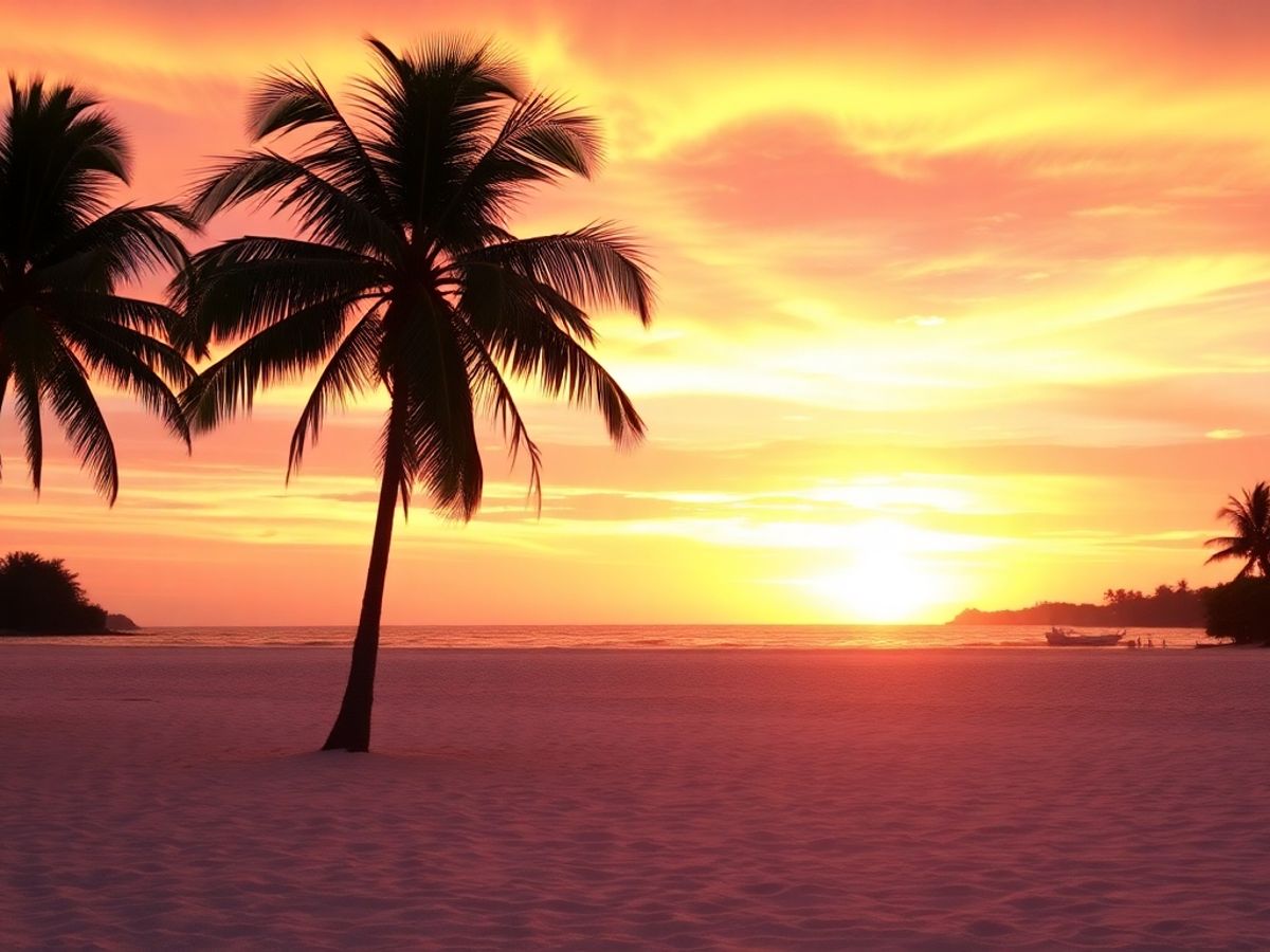 Plajă liniștită cu apus vibrant și palmieri.