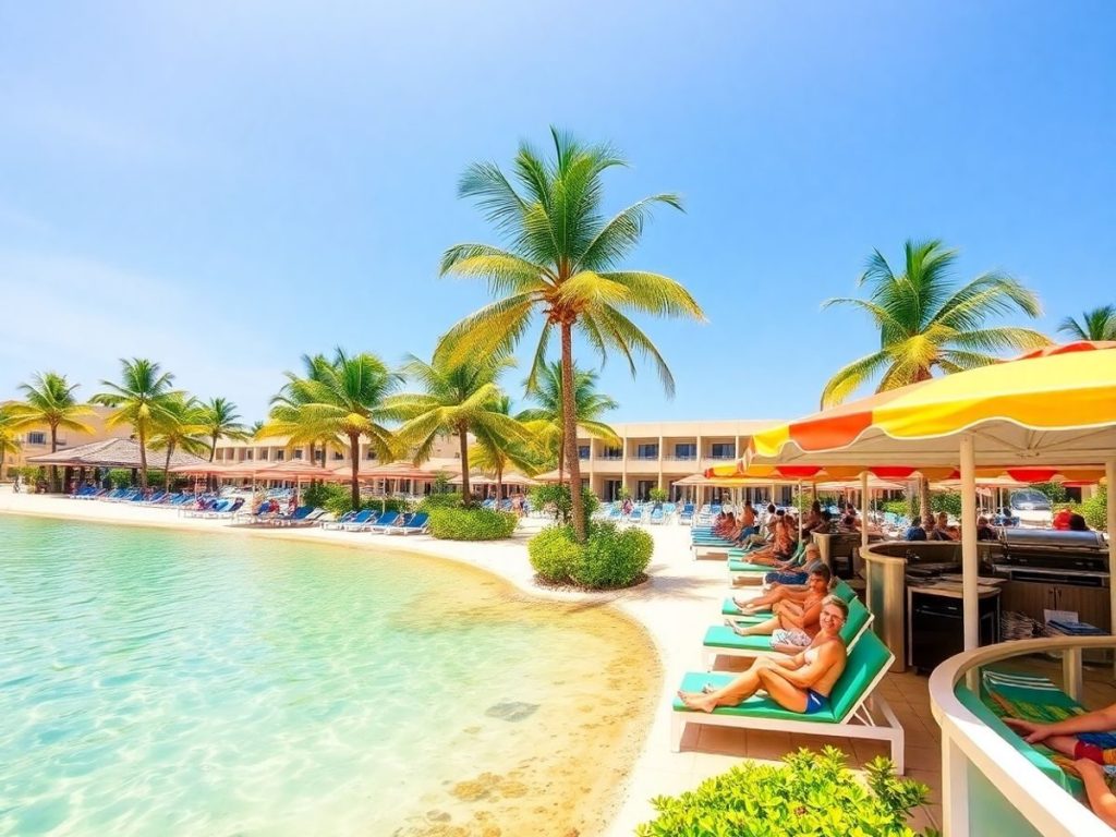 Resort pe plajă cu palmieri și turiști fericiți.