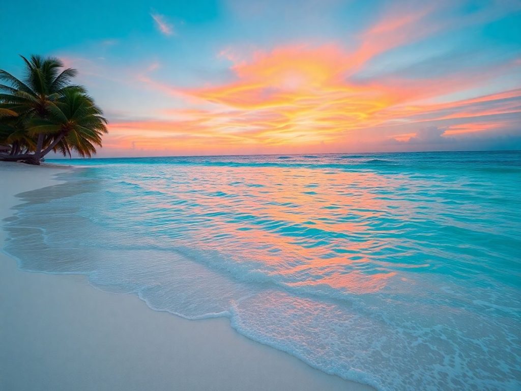 O destinație de vacanță idilică cu plajă și palmieri.