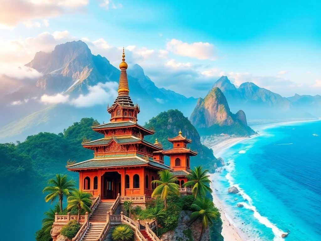 Peisaje asiatice vibrante: munți, temple și plaje exotice.