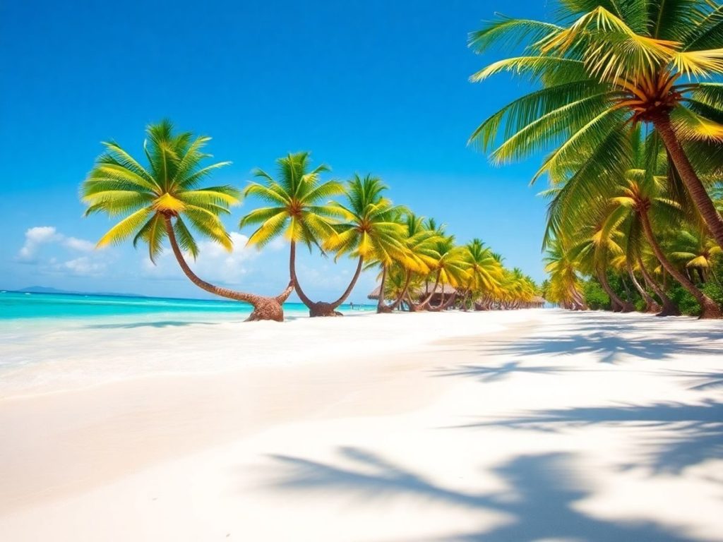 Plajă tropicală luxoasă, nisip alb, ape cristaline, palmieri