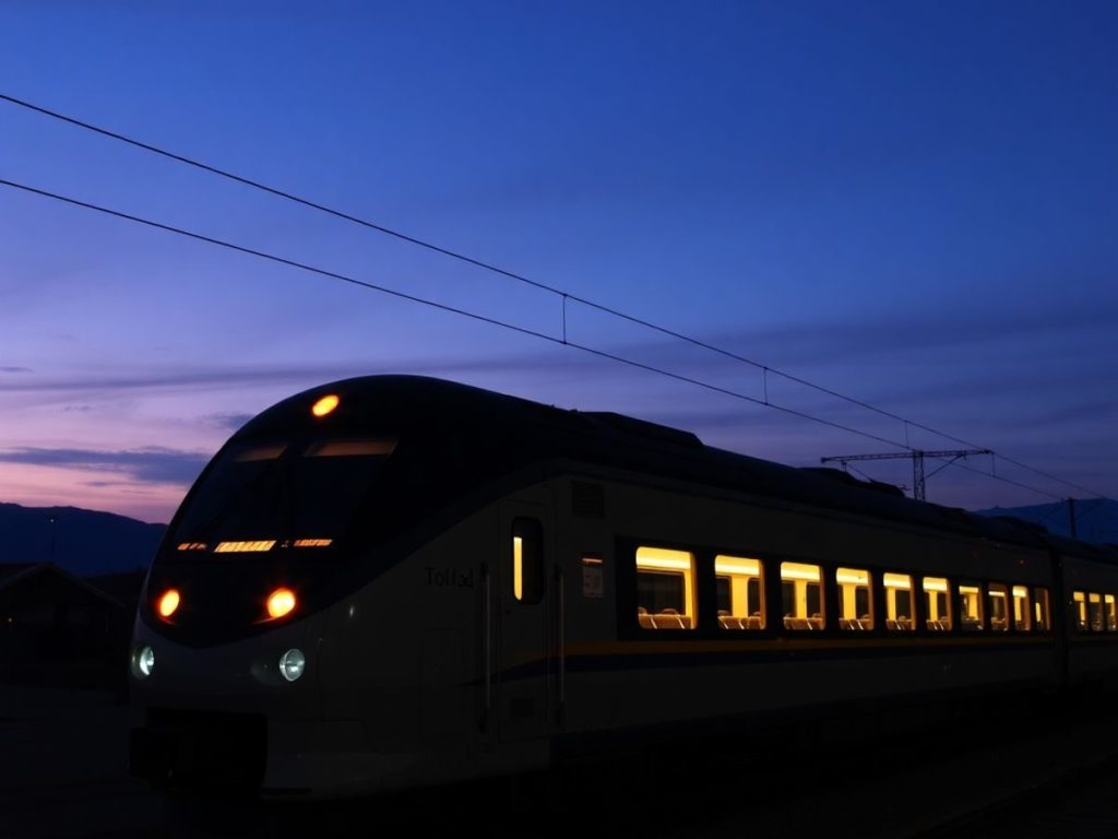 Tren de noapte traversând peisajul rural la apus.