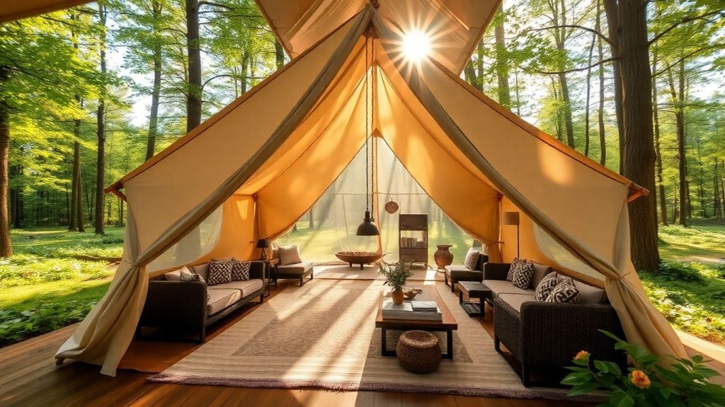 Cort de glamping de lux în pădurea românească.