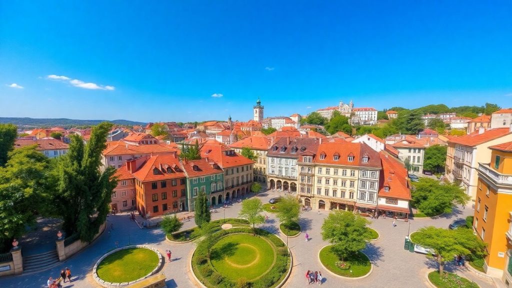 Oraș românesc pitoresc cu străzi pietruite și clădiri colorate