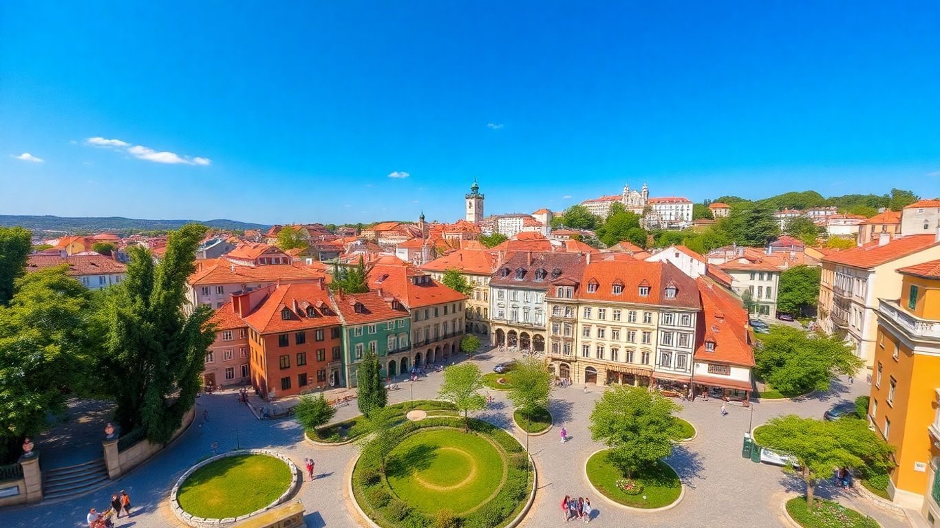 Oraș românesc pitoresc cu străzi pietruite și clădiri colorate