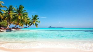 Plajă exotică cu palmieri și apă turcoaz